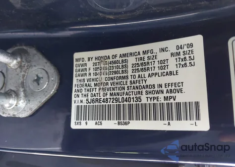 2009 Honda Cr-V Ex-L из США, поврежденный, VIN 5J6RE48729L040135